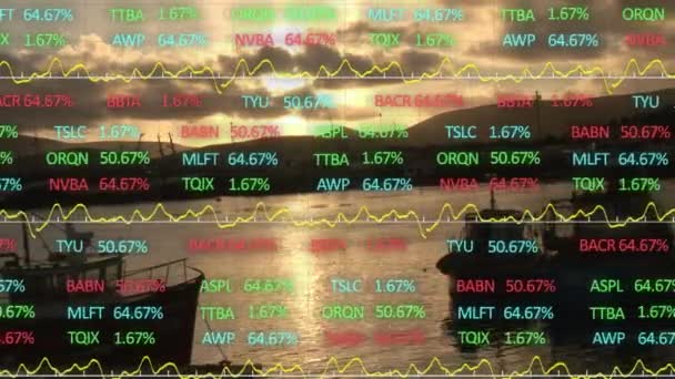 Manzara Üzerinde Finansal Veri Işleme Animasyonu Küresel Bağlantılar Veri Işleme — Stok video