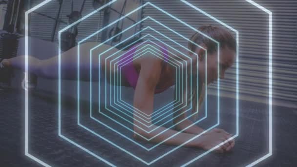 Animation Glowing Tunnel Woman Exercising Global Sports Fitness Connections Technology — Stock Video