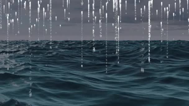 Анімація Двійкового Кодування Над Морем Глобальні Язки Обробка Даних Концепція — стокове відео