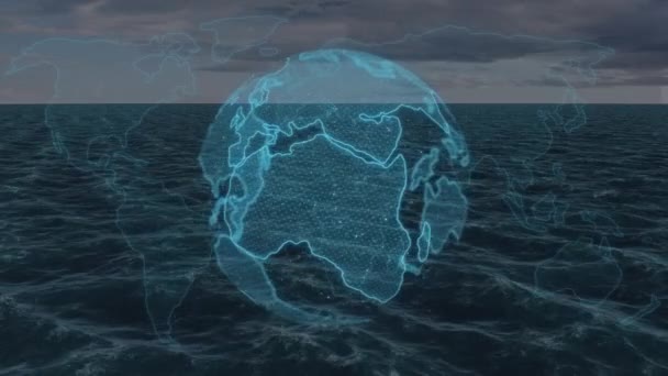 Animación Spinning Globo Procesamiento Datos Sobre Mar Conexiones Globales Procesamiento — Vídeos de Stock