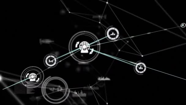Siyah Arkaplan Üzerindeki Simgelerle Bağlantı Ağlarının Animasyonu Küresel Bağlantılar Dijital — Stok video