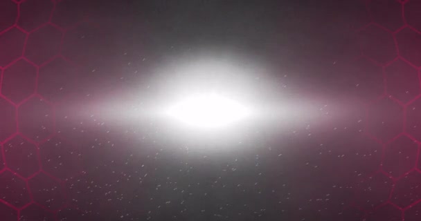 Parlayan Beyaz Işık Karanlık Zemin Üzerinde Parçacıklar Olan Kırmızı Altıgen — Stok video