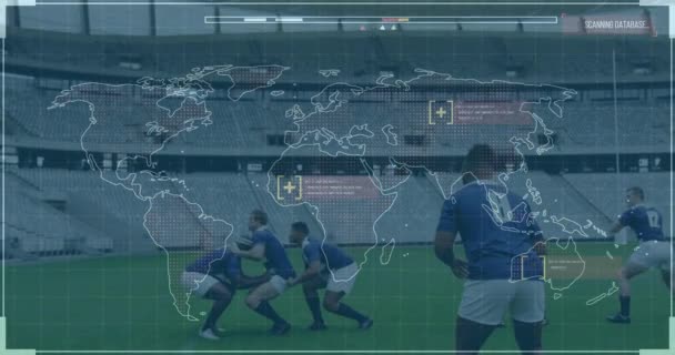 Animation Digital Interface World Map Football Players Global Sports Competition — Stock Video