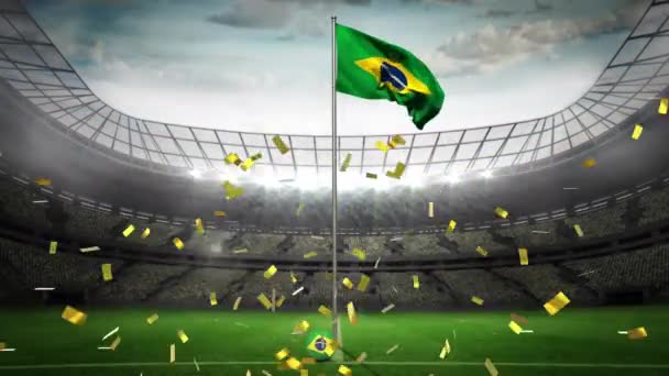 Animación Confeti Oro Cayendo Sobre Bandera Brasil Estadio Deportivo Deporte — Vídeos de Stock