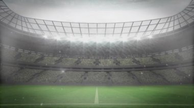 Spor stadyumundaki cam duvarları yıkıp geçen futbol topunun üzerine yağan kar animasyonu. spor, hava durumu, başarı ve yarışma konsepti, dijital olarak oluşturulmuş video.