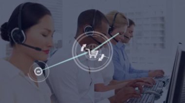 Telefon kulaklığı takan iş adamlarının simgeleriyle bağlantı ağının animasyonu. küresel bağlantılar, dijital arayüz, teknoloji ve ağ konsepti dijital olarak oluşturulmuş video.