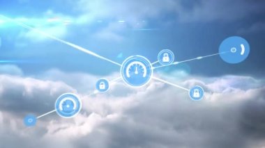 Gökyüzündeki simgelerle bağlantılı ağların animasyonu. küresel bağlantılar, dijital arayüz, dijital olarak oluşturulan veri işleme konsepti.