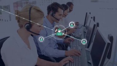 Telefon kulaklığı takan iş adamlarının simgeleriyle bağlantı ağının animasyonu. küresel bağlantılar, dijital arayüz, teknoloji ve ağ konsepti dijital olarak oluşturulmuş video.