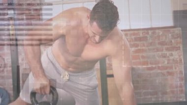Güçlü adam egzersizleriyle ilgili veri işleme ve istatistiklerin animasyonu. global spor, fitness ve veri işleme konsepti dijital olarak oluşturulmuş video.
