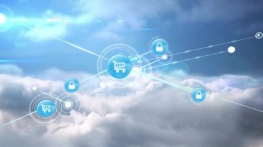 Gökyüzündeki simgelerle bağlantılı ağların animasyonu. küresel bağlantılar, dijital arayüz, dijital olarak oluşturulan veri işleme konsepti.