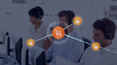 Telefon kulaklığı takan iş adamlarının simgeleriyle bağlantı ağının animasyonu. küresel bağlantılar, dijital arayüz, teknoloji ve ağ konsepti dijital olarak oluşturulmuş video.