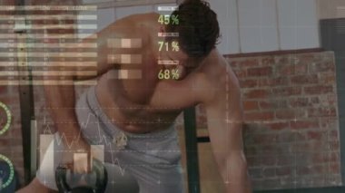 Güçlü adam egzersizleriyle ilgili veri işleme ve istatistiklerin animasyonu. global spor, fitness ve veri işleme konsepti dijital olarak oluşturulmuş video.