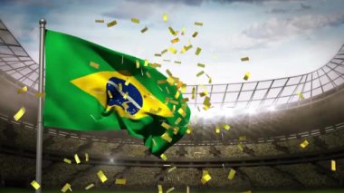 Spor stadyumunda Brezilya bayrağı üzerine düşen altın konfetilerin canlandırması. spor, zafer, başarı, rekabet ve kutlama konsepti, dijital olarak oluşturulmuş video.