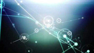 Siyah arkaplan üzerindeki simgelerle bağlantı ağlarının animasyonu. küresel bağlantılar, dijital arayüz, dijital olarak oluşturulan veri işleme konsepti.