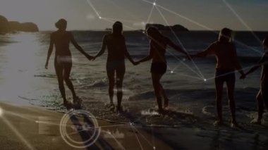 Plajda el ele tutuşan kadın arkadaşlarla olan bağlantıların animasyonu. küresel bağlantılar, fitness ve refah konsepti dijital olarak oluşturulmuş video.