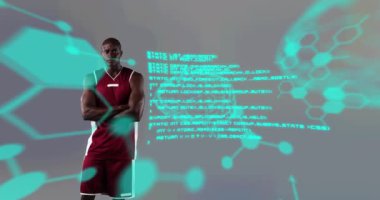 Erkek basketbolcu üzerinde kimyasal yapıların animasyonu. global spor, fitness ve veri işleme konsepti dijital olarak oluşturulmuş video.
