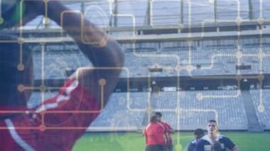 Futbolcular üzerinden bağlantı ağının animasyonu. global spor, rekabet, bağlantılar, veri işleme konsepti dijital olarak oluşturulmuş video.