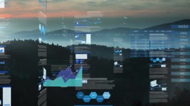 Manzara üzerinde istatistik ve veri işleme animasyonu. küresel bağlantılar, veri işleme ve teknoloji konsepti dijital olarak oluşturulmuş video.