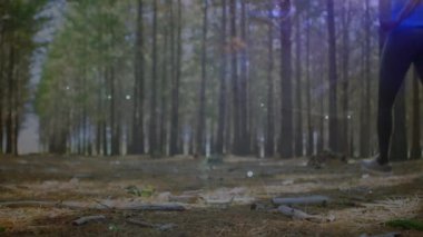 Ormanda egzersiz yapan bir kadın için bağlantı ağının animasyonu. küresel bağlantılar, fitness, refah konsepti dijital olarak oluşturulmuş video.