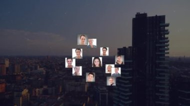 Şehir manzarası üzerinden insanlarla olan bağlantıların animasyonu. küresel bağlantılar, veri işleme ve teknoloji konsepti dijital olarak oluşturulmuş video.