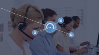Telefon kulaklığı takan iş adamlarının simgeleriyle bağlantı ağının animasyonu. küresel bağlantılar, dijital arayüz, teknoloji ve ağ konsepti dijital olarak oluşturulmuş video.