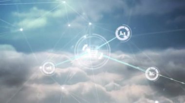 Gökyüzündeki simgelerle bağlantılı ağların animasyonu. küresel bağlantılar, dijital arayüz, dijital olarak oluşturulan veri işleme konsepti.