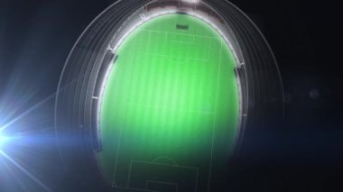 Stadyumda siyah zemin üzerinde stadyum metninin animasyonu. küresel dijital arayüz, veri işleme ve teknoloji konsepti dijital olarak oluşturulmuş video.