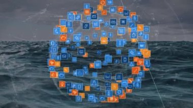 Denizdeki simgelerle bağlantı ağının animasyonu. küresel bağlantılar, veri işleme ve teknoloji konsepti dijital olarak oluşturulmuş video.