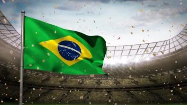 Spor stadyumunda Brezilya bayrağı üzerine düşen konfeti animasyonu. spor, zafer, başarı, rekabet ve kutlama konsepti, dijital olarak oluşturulmuş video.