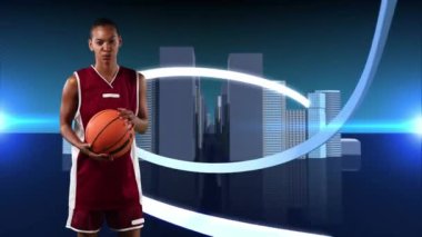 Basketbolcunun ışık yollarında topu tutuşu animasyonu. küresel spor, fitness, bilim ve veri işleme kavramı dijital olarak oluşturulmuş video.