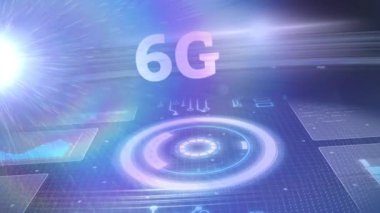 Siyah arkaplanda 6G metin ve tarama animasyonu. küresel dijital arayüz, veri işleme ve teknoloji konsepti dijital olarak oluşturulmuş video.