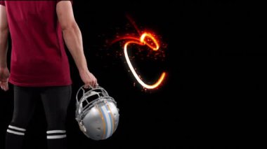 Amerikalı futbolcu kask takıyor. küresel spor, fitness, bilim ve veri işleme kavramı dijital olarak oluşturulmuş video.