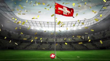 Spor stadyumunda İsviçre bayrağının üzerine düşen altın konfetilerin canlandırması. spor, zafer, başarı, rekabet ve kutlama konsepti, dijital olarak oluşturulmuş video.