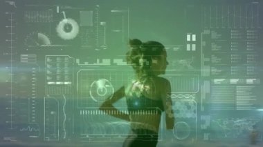 Sahil kenarında koşan sağlıklı bir kadın için tarama ve veri işleme animasyonu. fitness, refah ve veri işleme konsepti dijital olarak oluşturulmuş video.