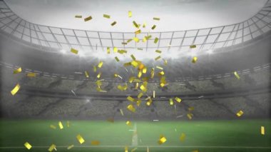 Futbol sahasındaki cam duvardan düşen konfetilerin animasyonu. spor, zafer, başarı, rekabet ve kutlama konsepti, dijital olarak oluşturulmuş video.