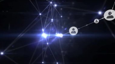 Siyah arkaplan üzerindeki simgelerle bağlantı ağlarının animasyonu. küresel bağlantılar, dijital arayüz, dijital olarak oluşturulan veri işleme konsepti.