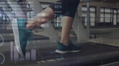 Spor salonunda egzersiz yapan fit bir kadın için bağlantı ağı ve veri işleme animasyonu. global spor, fitness, veri işleme ve dijital arayüz kavramı dijital olarak oluşturulmuş video.