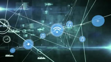 Siyah arkaplan üzerindeki simgelerle bağlantı ağlarının animasyonu. küresel bağlantılar, dijital arayüz, dijital olarak oluşturulan veri işleme konsepti.