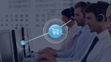 Telefon kulaklığı takan iş adamlarının simgeleriyle bağlantı ağının animasyonu. küresel bağlantılar, dijital arayüz, teknoloji ve ağ konsepti dijital olarak oluşturulmuş video.