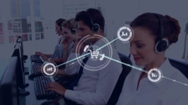 Telefon kulaklığı takan iş adamlarının simgeleriyle bağlantı ağının animasyonu. küresel bağlantılar, dijital arayüz, teknoloji ve ağ konsepti dijital olarak oluşturulmuş video.