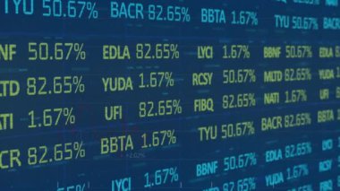 Ekranlarda finansal veri işleme animasyonu. küresel iş, bağlantılar, veri işleme ve teknoloji konsepti dijital olarak oluşturulmuş video.