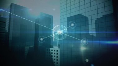 Şehirdeki bağlantı ağlarının animasyonu. küresel bağlantılar, dijital arayüz, dijital olarak oluşturulan veri işleme konsepti.