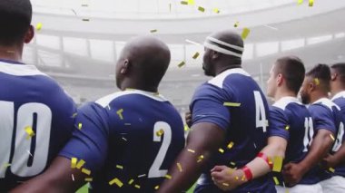 Stadyumdaki futbol takımının üzerine düşen konfeti animasyonu. Spor ve yarışma konsepti dijital olarak oluşturulmuş video.