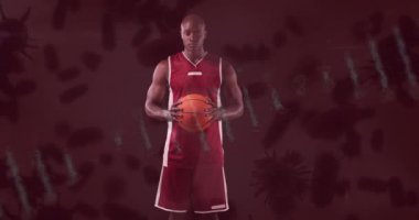 Basketbolcuya karşı covid 19 hücrenin animasyonu. covid 19 pandemik konsept sırasında dijital olarak üretilen video sporları.