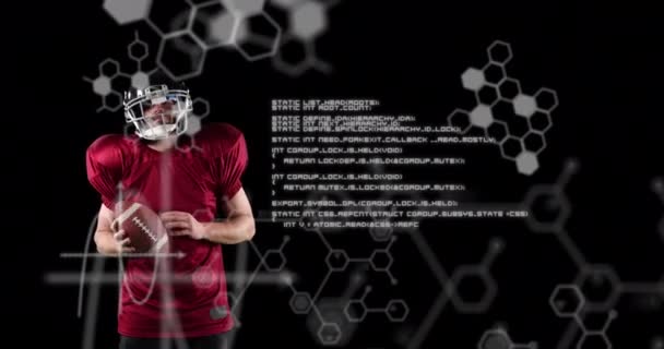 美国男足持球运动员身上化学结构的动画 全球体育 健身和数据处理概念数码视频 — 图库视频影像