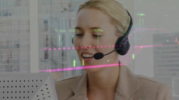 Animatie Van Financiële Statistische Gegevensverwerking Zakenvrouw Met Telefoonheadset Mondiale Financiën — Stockvideo