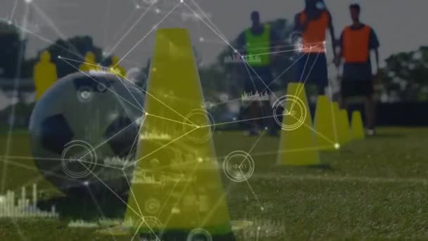 Animering Databehandling Och Nätverk Anslutningar Över Fotbollsspelare Global Sport Konkurrens — Stockvideo