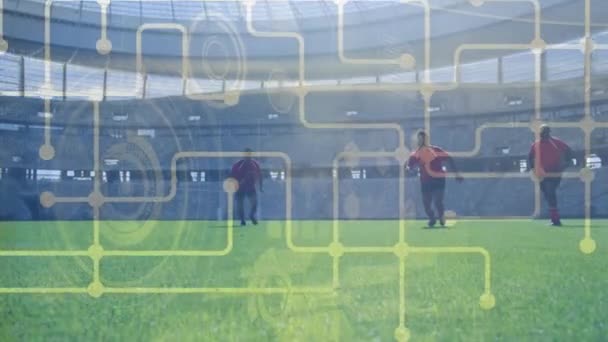 Animacja Sieci Połączeń Przez Piłkarzy Globalne Sporty Konkurencja Połączenia Koncepcja — Wideo stockowe