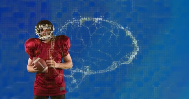 Animation Cerveau Numérique Filant Sur Joueur Football Américain Masculin Tenant — Video