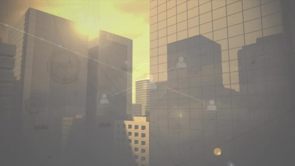 Κινούμενα Σχέδια Δικτύων Συνδέσεων Εικονίδια Ανθρώπων Πάνω Από Την Πόλη — Αρχείο Βίντεο